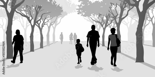 Flat vector silhouette of people moving through a public hall or shopping mall, busy commercial environment concept.