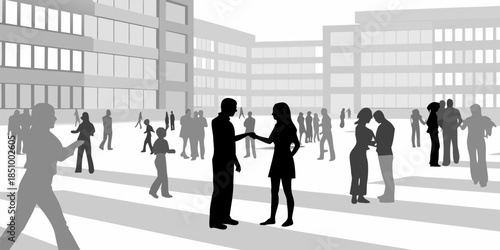Group of Flat Vector Silhouettes Representing People Socializing and Connecting in a Modern Urban Environment