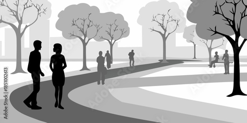 Crowd of People Silhouettes Standing and Moving through a Public Plaza, Minimalist Vector Illustration