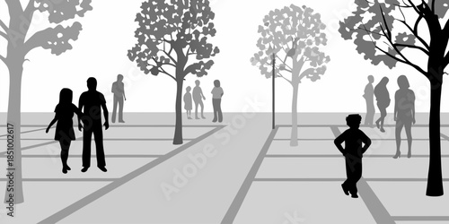 Minimalist Flat Vector Silhouettes of People Standing and Moving in a Busy Urban Environment or Gallery