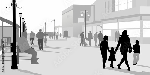 Flat Vector Silhouettes of People Strolling Casually and Relaxing in a Park or Pedestrian Zone