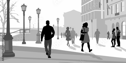 Set of Casual People Silhouettes Strolling and Enjoying a Relaxed Walk, Flat Vector Illustration