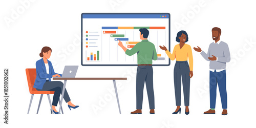 Diverse business team collaborating on project management using Gantt chart