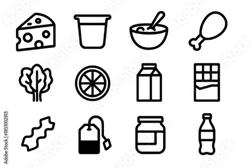 Minimalist thick-outline food product icon set showcasing dairy, grains, beverages, sweets, produce, and protein items, ideal for food menus, grocery apps, product labels, and nutritional dashboards
