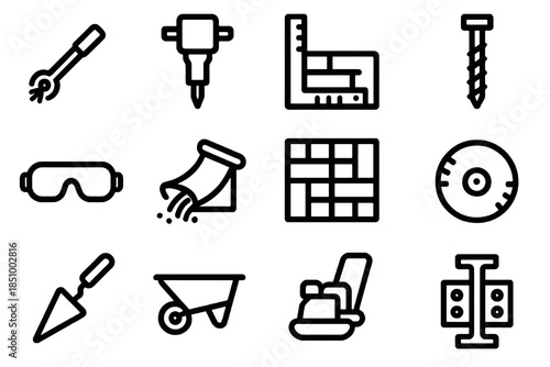 Thick-outline masonry icon set featuring demolition tools, alignment gauges, reinforcement elements, safety gear, and concrete handling tools, ideal for construction dashboards, renovation 