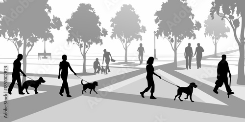 Flat Vector Silhouettes of People Walking Dogs in a Local Park or Neighborhood Street