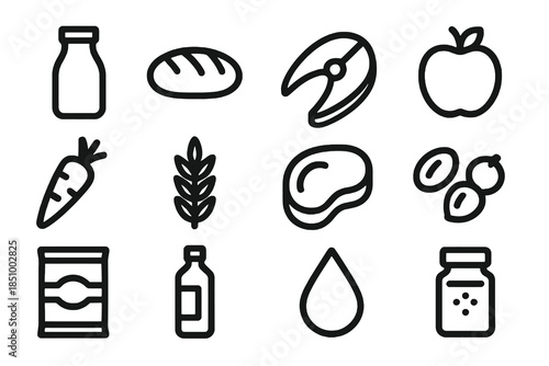 Minimalist thick-outline food product classification icon set featuring dairy, grains, meat, produce, beverages, oils, spices, and packaged items, ideal for menus, apps, labels, and market dashboards