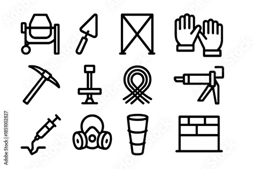 Thick-outline masonry icon set featuring construction tools, repair devices, reinforcement equipment, safety gear, and demolition essentials, ideal for renovation platforms, contractor dashboards