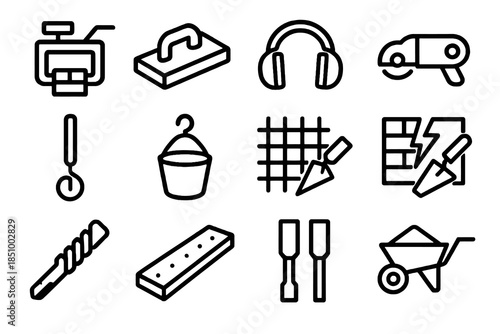 Thick-outline masonry icon set featuring reinforcement tools, safety equipment, grinding and mixing tools, and structural repair elements, ideal for construction dashboards, renovation apps, and contr