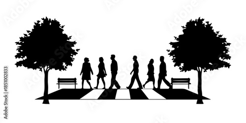 Flat Vector Silhouettes of People Walking in a Modern Architectural Space or Minimalist Interior
