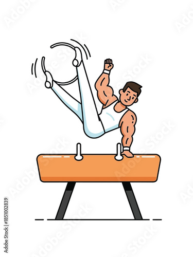 Male gymnast performing a difficult routine on the pommel horse.