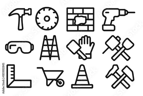 Thick-outline masonry icon set featuring cutting tools, safety gear, repair elements, measuring instruments, and construction essentials, ideal for renovation apps, contractor dashboards, and builder 