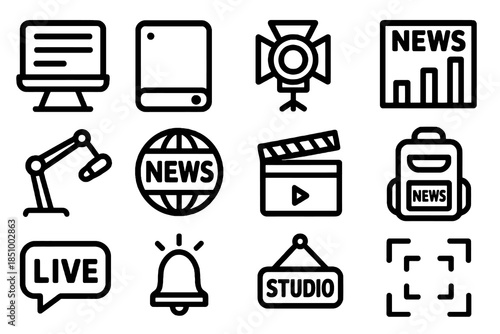 Thick-outline mass media icon set with newsroom gear, reporting tools, analytics, communication symbols, and studio equipment, ideal for media apps, journalism dashboards, and broadcast design systems