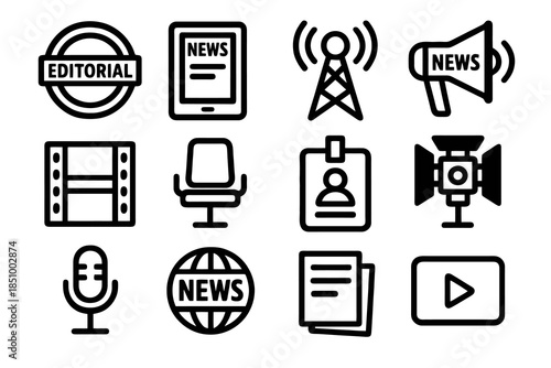 Thick-outline mass media icon set highlighting editorial tools, digital news platforms, broadcasting symbols, and reporting elements, ideal for journalism dashboards, news apps, and media communicatio