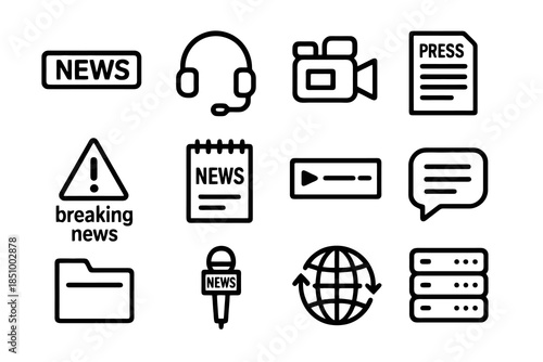 Thick-outline mass media icon set focused on journalism tools, alert systems, interviews, streaming, and broadcasting infrastructure, ideal for news dashboards, media apps, and communication platforms