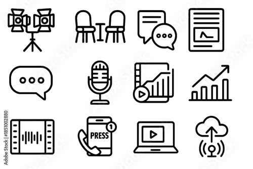 Thick-outline mass media icon set featuring TV show elements, interviews, analytics, communication tools, and newsroom devices, ideal for media apps, reporting dashboards, and journalism design packs.
