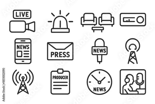 Thick-outline mass media icon set showing livestream tools, communication devices, interview setups, news alerts, and production elements, perfect for journalism apps, dashboards, and broadcasting pla