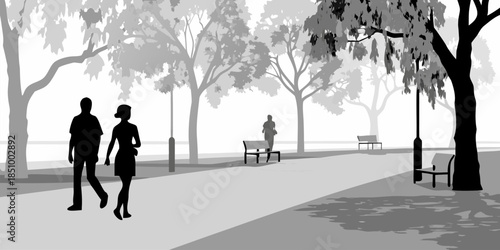 Flat vector silhouette of relaxed pedestrians walking through a city park or public square, depicting urban lifestyle and casual motion