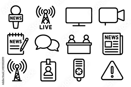 Thick-outline mass media icon set featuring journalism tools, broadcasting symbols, interviews, and news elements, ideal for media apps, reports, dashboards, and communication design packs.
