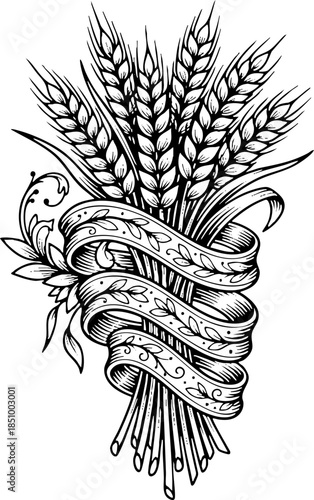 Engraving Style Wheat Sheaf and Ribbon Banner Graphic Element
