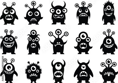 Collection of various cartoon monster characters with different facial expressions and features in black and white