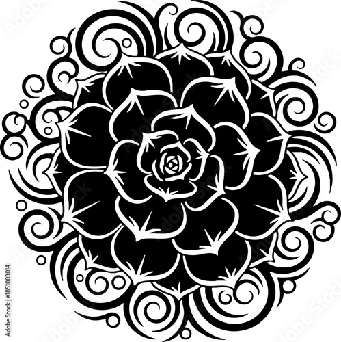 Stylized Black and White Succulent Flower Mandala Ornament