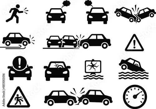 Collection of road accident and hazard warning icons in black and white