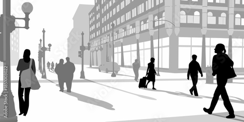 Contemporary flat vector silhouette illustrating a typical urban lifestyle scene with residents enjoying a city square and public walkway