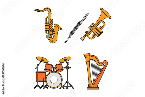 Orchestral and Band Musical Instrument Icon Set for Arts and Entertainment