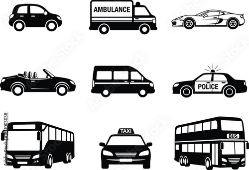 Black silhouettes of various vehicles including cars trucks and a bus on a white background