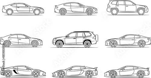 Eight different side views of cars in a line illustration style