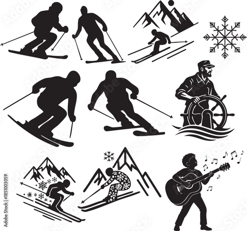 Winter Skiing and Outdoor Adventure Silhouette Set