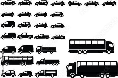 Collection of various vehicle silhouettes including cars trucks and vans in different shapes and sizes