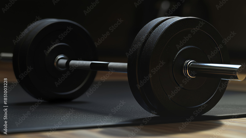 Fototapeta premium Weightlifting Set on a Black Mat Featuring Iron Weights, Representing Strength and Fitness Training