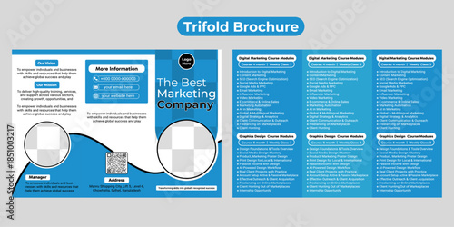 Corporate business agency trifold brochure template. Modern, Creative and Professional tri fold brochure vector design. Simple and minimalist promotion layout 