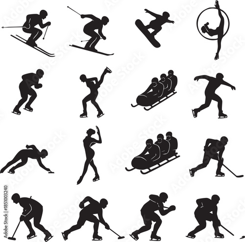 Winter sports silhouette icon set — skiing, snowboarding, bobsled, luge, hockey, speed skating