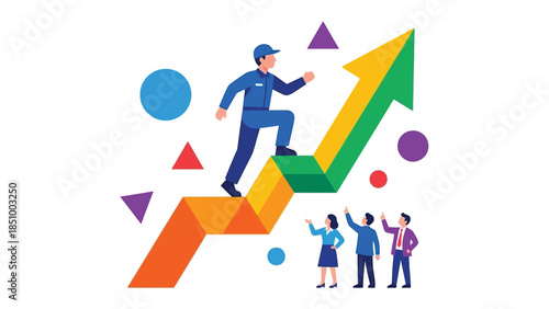 Man climbing up a growing arrow representing success.