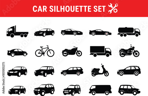 Collection of various vehicle silhouettes on white background for design use