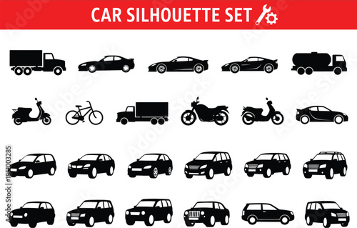 Collection of various vehicle silhouettes including cars trucks motorcycles and bicycles in black on white background