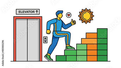 Man climbing stairs next to elevator symbolizing healthy lifestyle choice.