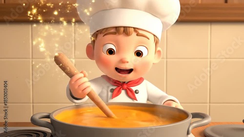 Cute cartoon boy chef stirring a pot of soup with a wooden spoon.