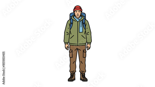 Man dressed for cold weather with backpack and scarf.