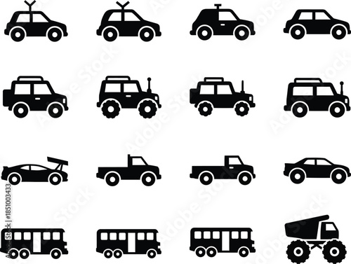 Collection of various silhouette vehicles including trucks buses and cars icons