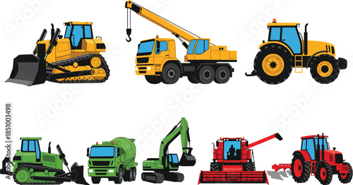 Collection of heavy construction equipment and tractors in different colors