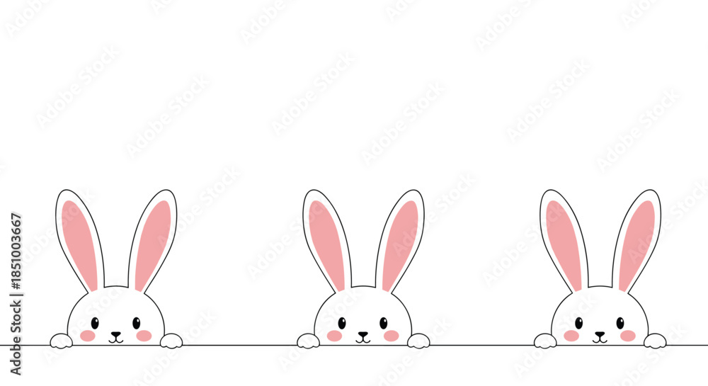 Fototapeta premium Three cute minimalist cartoon rabbits with long pink ears peeking over a single black line on a simple white background illustration.