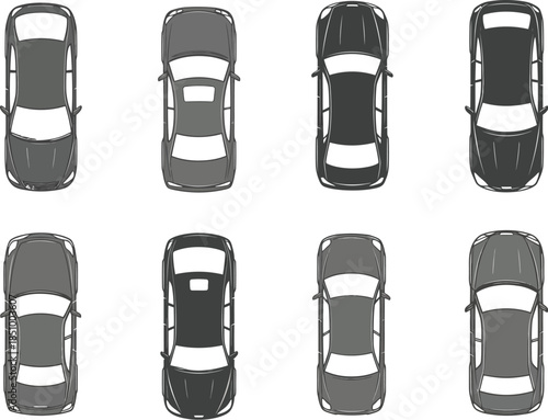 Overhead view of eight cars in various orientations on a white background