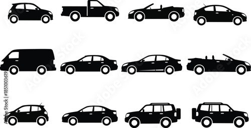 Collection of various black car silhouettes in different styles and shapes