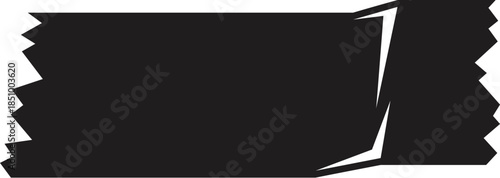 Close up of a torn piece of black duct tape, highlighting its jagged edges and texture