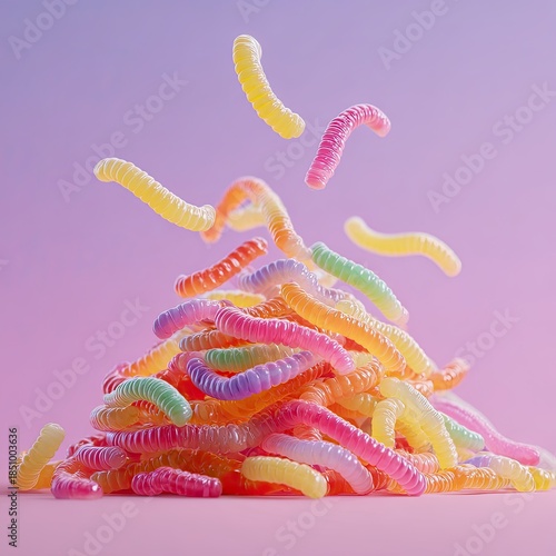 Pile of colorful gummy worms against a gradient pastel pink/purple backdrop