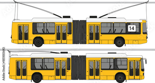 Yellow city trolley buses side view with overhead wires on white background